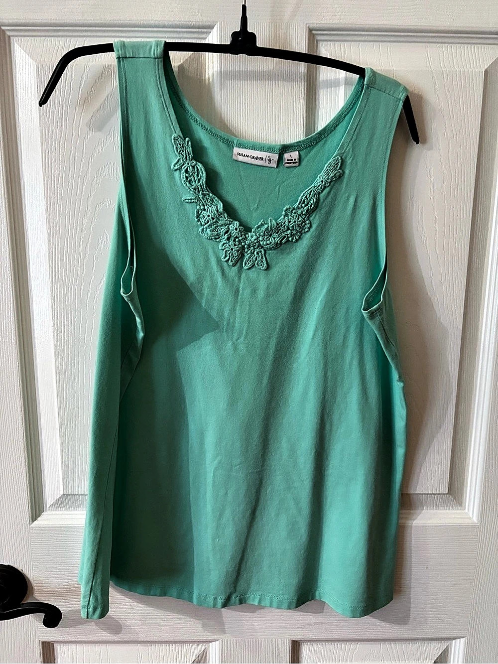 Susan Graver Embroidered Neckline Tank in Green